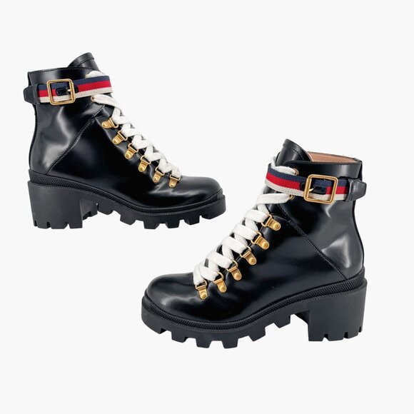 Gucci Sylvie Trip Black Leather Lace Up Combat Boots Size 36.5 US 6.5 Women's - Picture 8 of 15